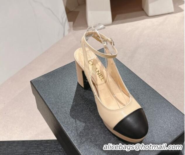 Fashion Chanel Lambskin Slingback Platform Pumps 9cm with Ankle Strap Beige 817033