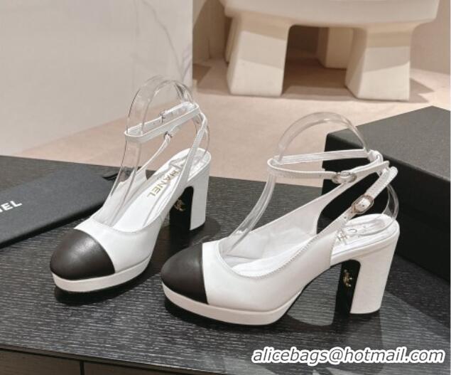 Duplicate Chanel Lambskin Slingback Platform Pumps 9cm with Ankle Strap White 817034