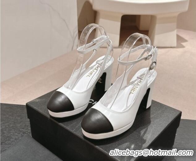 Duplicate Chanel Lambskin Slingback Platform Pumps 9cm with Ankle Strap White 817034