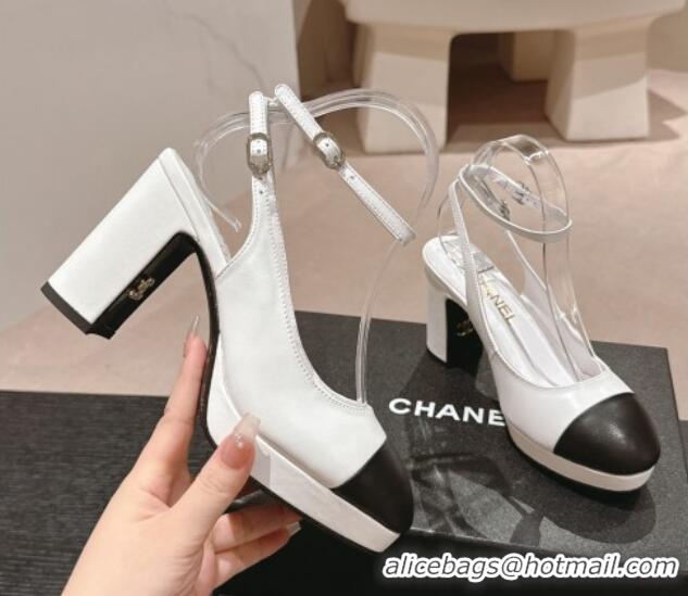 Duplicate Chanel Lambskin Slingback Platform Pumps 9cm with Ankle Strap White 817034