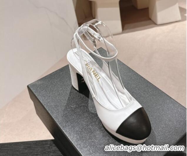 Duplicate Chanel Lambskin Slingback Platform Pumps 9cm with Ankle Strap White 817034