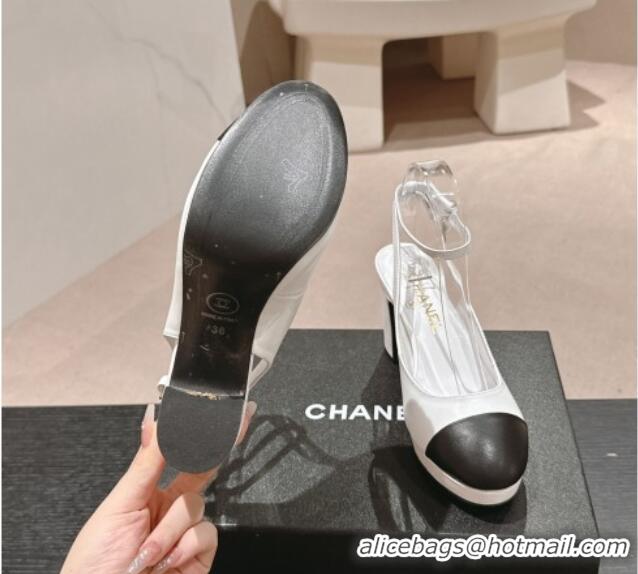 Duplicate Chanel Lambskin Slingback Platform Pumps 9cm with Ankle Strap White 817034