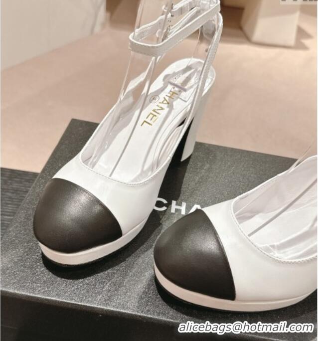 Duplicate Chanel Lambskin Slingback Platform Pumps 9cm with Ankle Strap White 817034