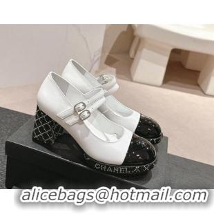 Crafted Chanel Calfskin Mary Janes Pumps 7.5cm with Strass White 817035