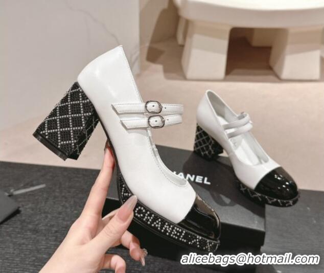 Crafted Chanel Calfskin Mary Janes Pumps 7.5cm with Strass White 817035