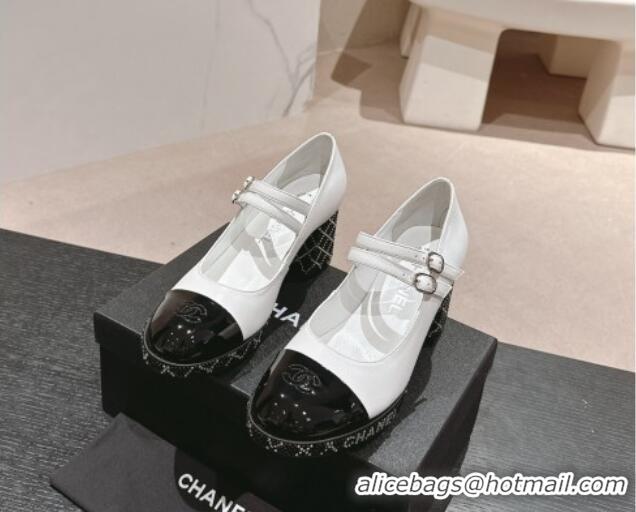 Crafted Chanel Calfskin Mary Janes Pumps 7.5cm with Strass White 817035