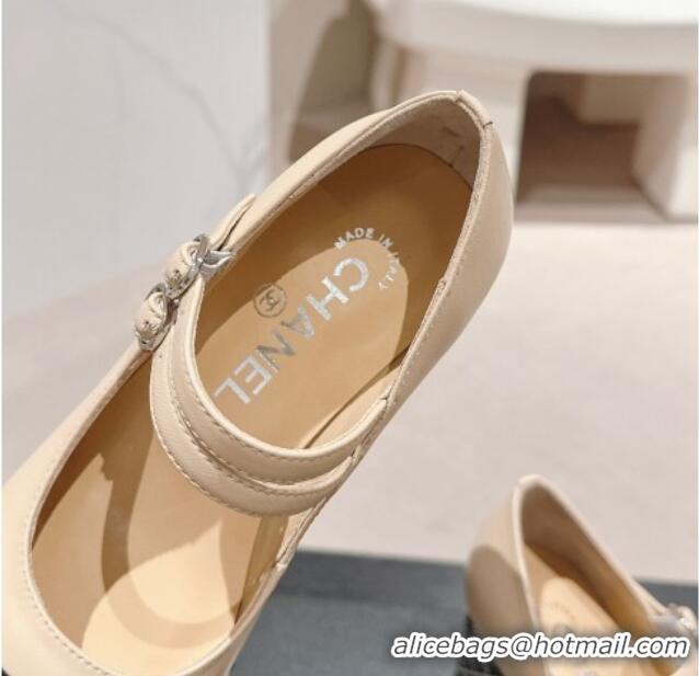 Pretty Style Chanel Calfskin Mary Janes Pumps 7.5cm with Strass Beige 817036