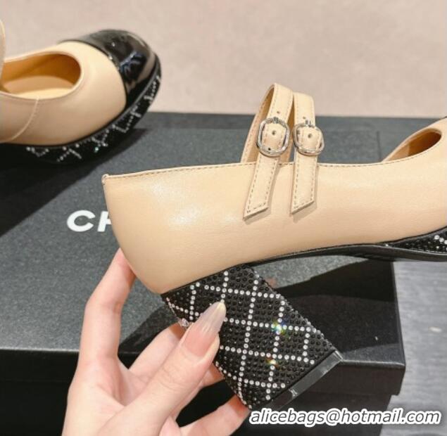 Pretty Style Chanel Calfskin Mary Janes Pumps 7.5cm with Strass Beige 817036