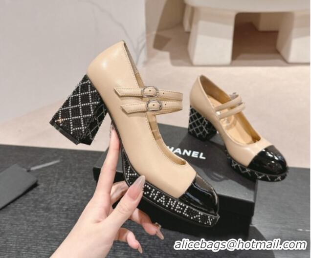 Pretty Style Chanel Calfskin Mary Janes Pumps 7.5cm with Strass Beige 817036