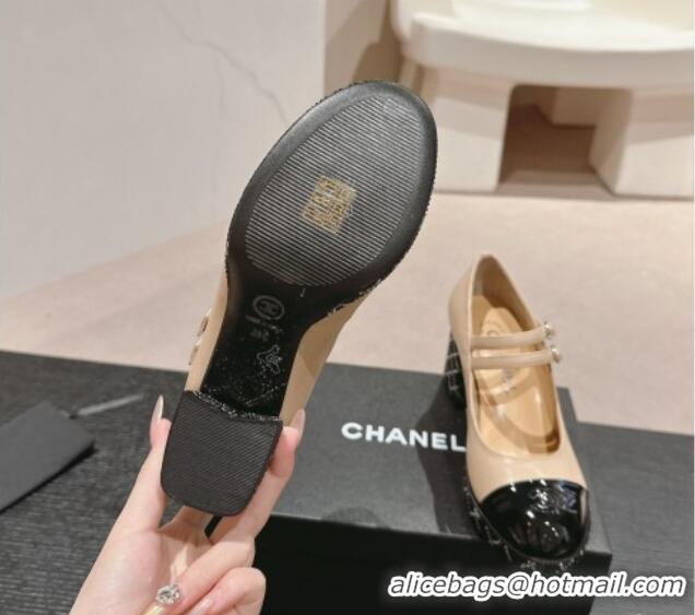 Pretty Style Chanel Calfskin Mary Janes Pumps 7.5cm with Strass Beige 817036