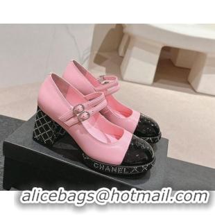 Good Quality Chanel Calfskin Mary Janes Pumps 7.5cm with Strass Pink 817037