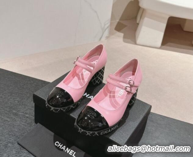 Good Quality Chanel Calfskin Mary Janes Pumps 7.5cm with Strass Pink 817037