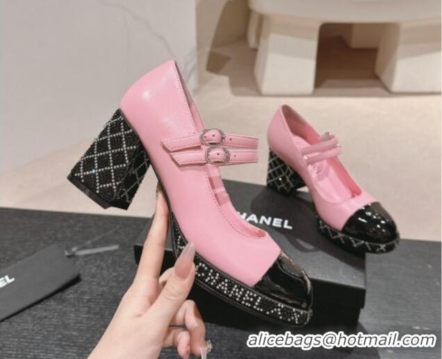 Good Quality Chanel Calfskin Mary Janes Pumps 7.5cm with Strass Pink 817037