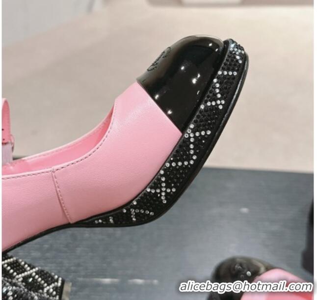 Good Quality Chanel Calfskin Mary Janes Pumps 7.5cm with Strass Pink 817037