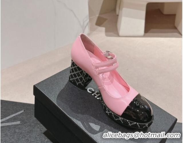 Good Quality Chanel Calfskin Mary Janes Pumps 7.5cm with Strass Pink 817037