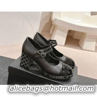 Grade Chanel Calfskin Mary Janes Pumps 7.5cm with Strass Black 817038