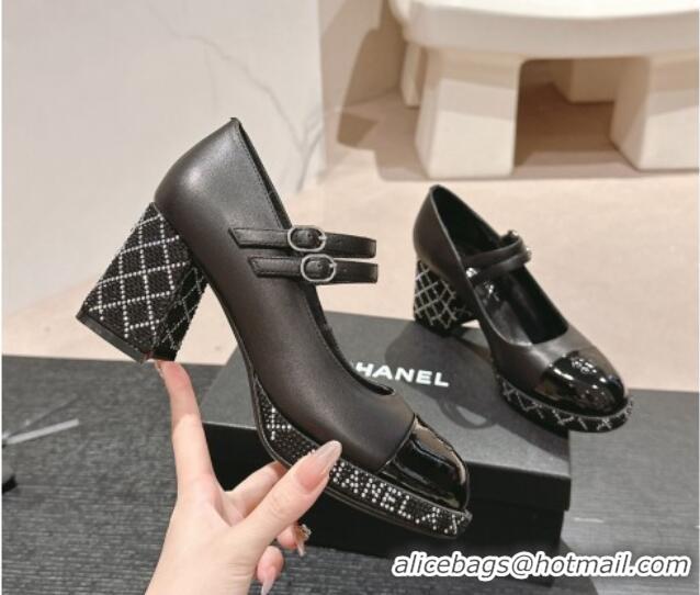 Grade Chanel Calfskin Mary Janes Pumps 7.5cm with Strass Black 817038