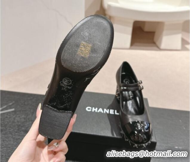 Grade Chanel Calfskin Mary Janes Pumps 7.5cm with Strass Black 817038