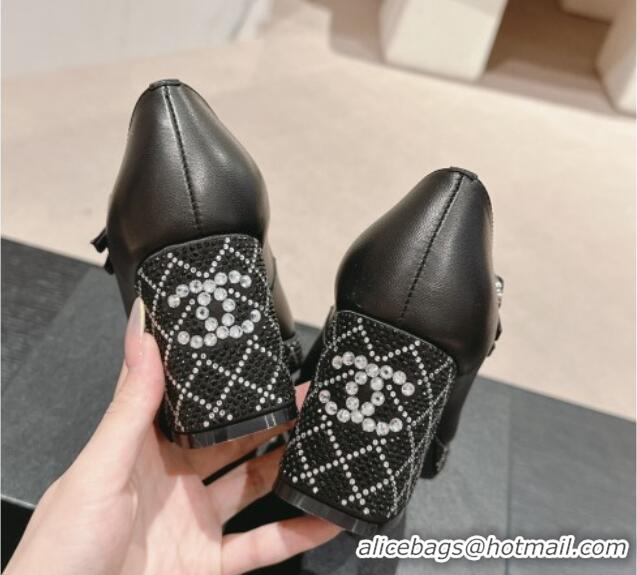 Grade Chanel Calfskin Mary Janes Pumps 7.5cm with Strass Black 817038