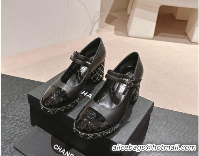 Grade Chanel Calfskin Mary Janes Pumps 7.5cm with Strass Black 817038