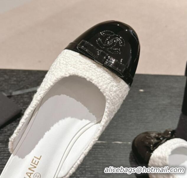 Unique Style Chanel Tweed Flat Mules with Bow White/Black 817040