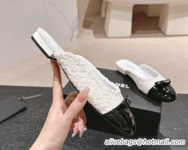 Unique Style Chanel Tweed Flat Mules with Bow White/Black 817040