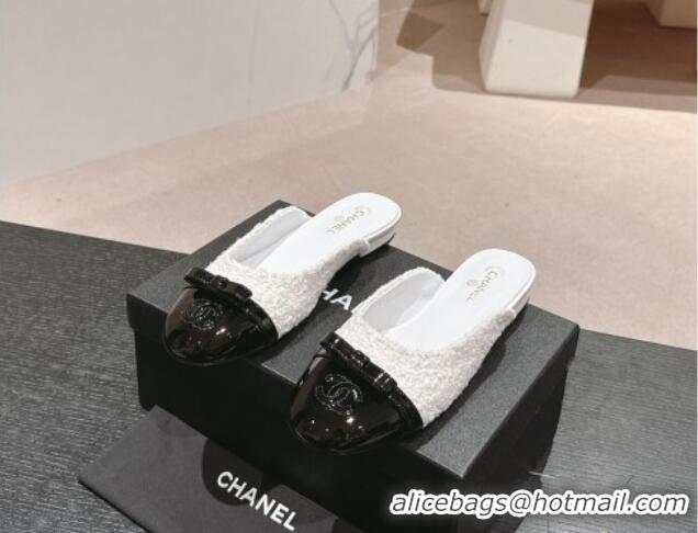 Unique Style Chanel Tweed Flat Mules with Bow White/Black 817040