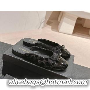 Top Grade Chanel Tweed & Sequins Flat Mules with Bow Black Upper 817042