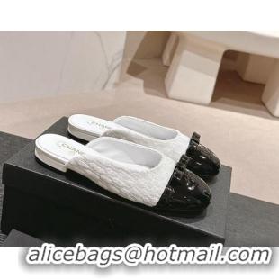 Best Price Chanel Tweed & Patent Calfskin Flat Mules with Bow White/Black 817043