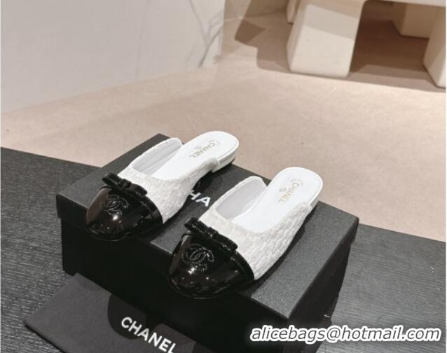 Best Price Chanel Tweed & Patent Calfskin Flat Mules with Bow White/Black 817043