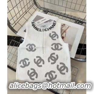 Free Shipping Chanel Vest with Strass CC and Zip 0729 White 2024