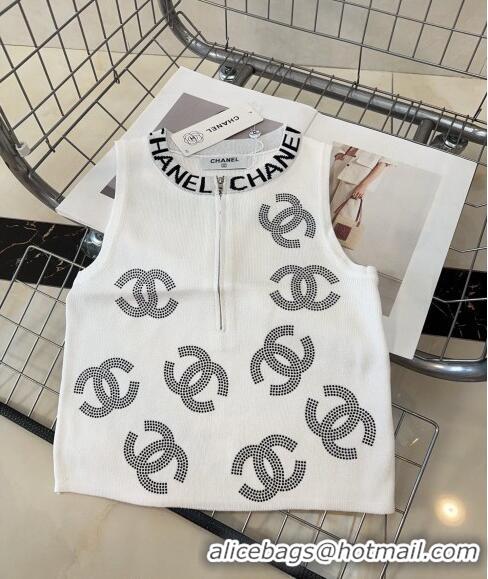 Free Shipping Chanel Vest with Strass CC and Zip 0729 White 2024