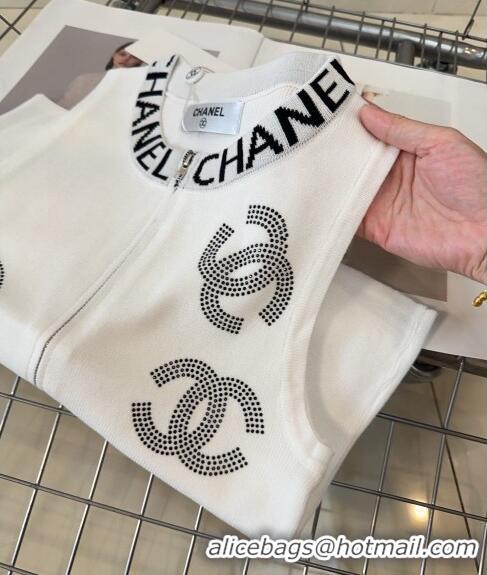 Free Shipping Chanel Vest with Strass CC and Zip 0729 White 2024