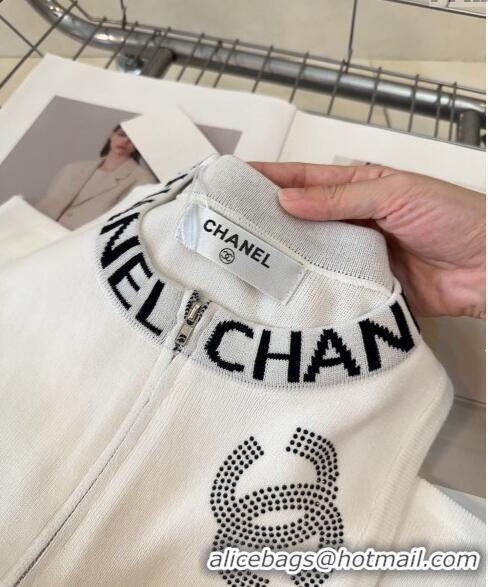 Free Shipping Chanel Vest with Strass CC and Zip 0729 White 2024