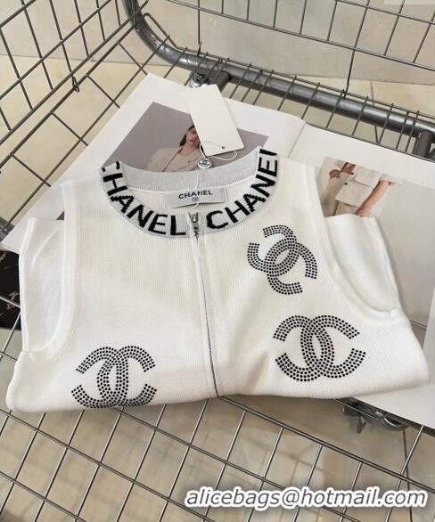 Free Shipping Chanel Vest with Strass CC and Zip 0729 White 2024