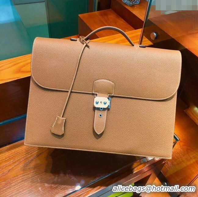 Top Grade Hermes Sac a Depeches 38 Briefcase in Togo Leather H2101 Brown 2024 (Full Handmade)