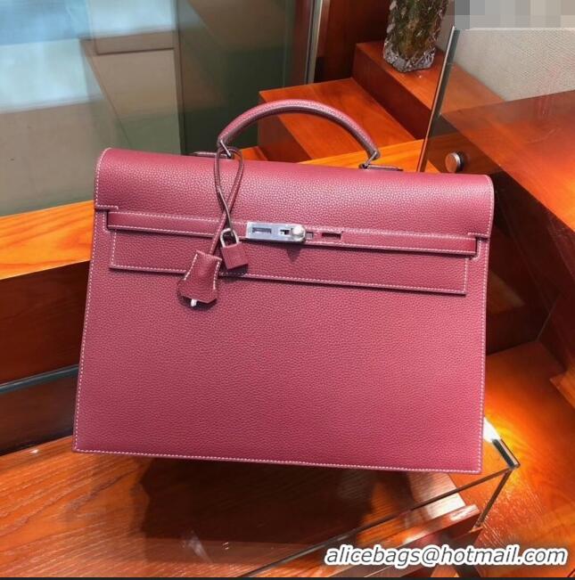 New Stylish Hermes Kelly 38 Briefcase in Togo Leather H2101 Burgundy 2024(Full Handmade)