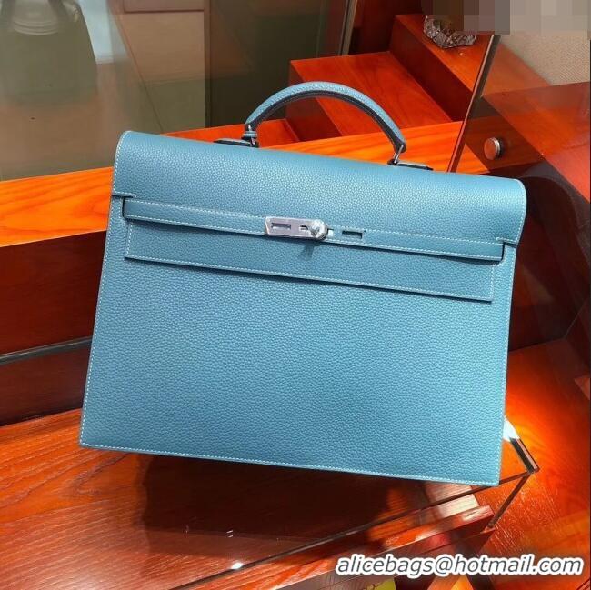 Fashion Discount Hermes Kelly 38 Briefcase in Togo Leather H2101 Blue 2024 (Full Handmade)