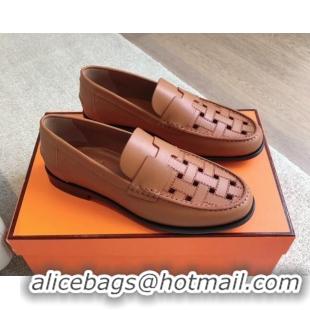 Popular Style Hermes Kennedy Loafers in Woven Calfskin Brown 724001