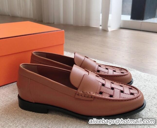 Popular Style Hermes Kennedy Loafers in Woven Calfskin Brown 724001