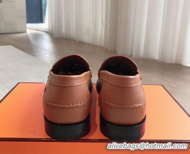 Popular Style Hermes Kennedy Loafers in Woven Calfskin Brown 724001