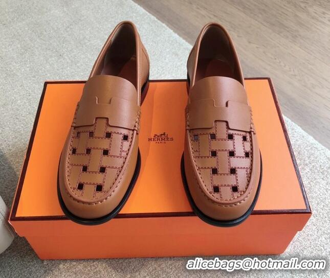 Popular Style Hermes Kennedy Loafers in Woven Calfskin Brown 724001