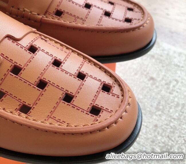 Popular Style Hermes Kennedy Loafers in Woven Calfskin Brown 724001