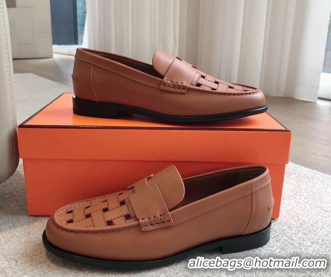 Popular Style Hermes Kennedy Loafers in Woven Calfskin Brown 724001