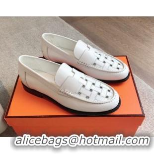 Classic Hot Hermes Kennedy Loafers in Woven Calfskin White 724002