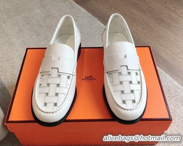 Classic Hot Hermes Kennedy Loafers in Woven Calfskin White 724002