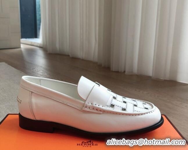 Classic Hot Hermes Kennedy Loafers in Woven Calfskin White 724002