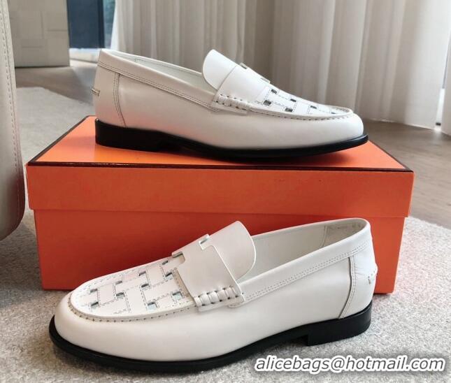 Classic Hot Hermes Kennedy Loafers in Woven Calfskin White 724002