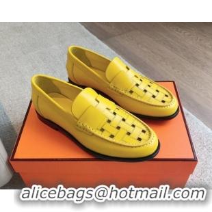 Low Price Hermes Kennedy Loafers in Woven Calfskin Yellow 724003