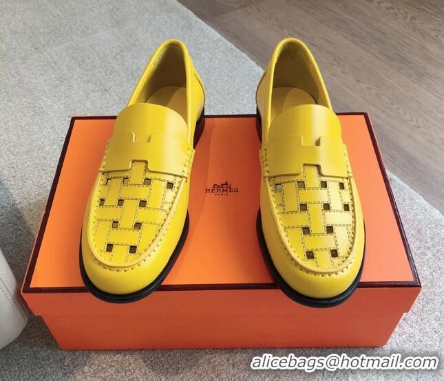 Low Price Hermes Kennedy Loafers in Woven Calfskin Yellow 724003